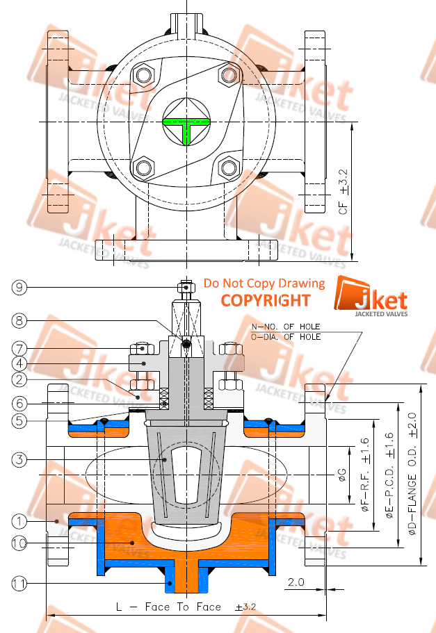 Full jacketed 3 way plug valve lubricating type technical drawing