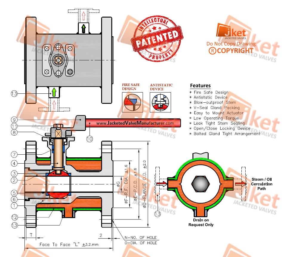Full jacketed ball valve technical drawing