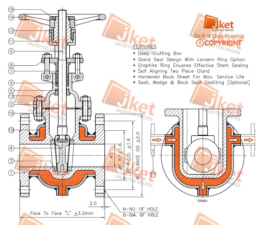 Full jacketed gate valve technical drawing