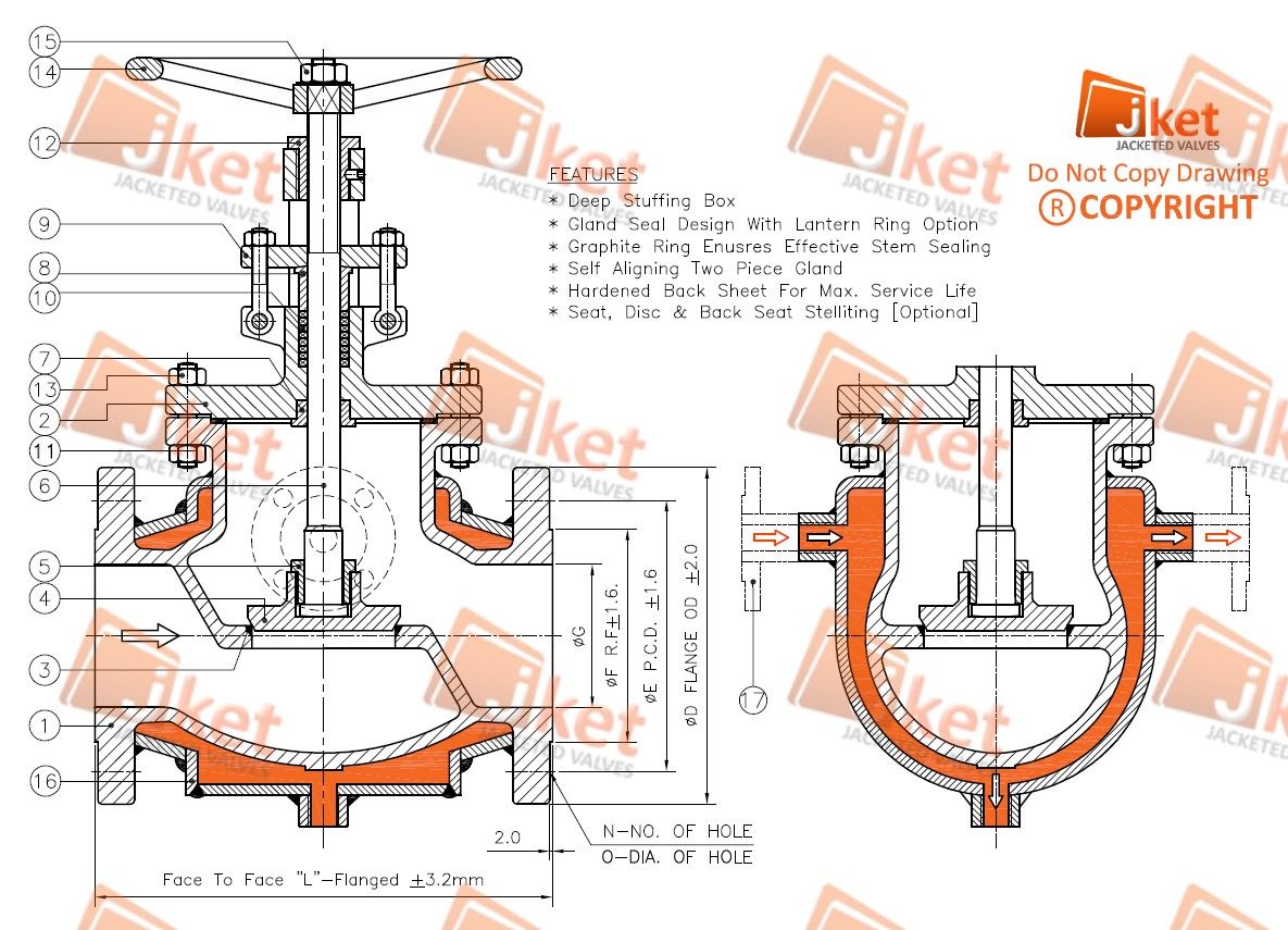 Full jacketed globe valve technical drawing