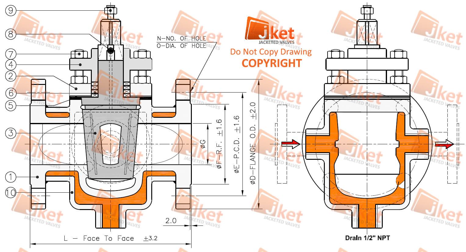 Full jacketed plug valve lubricating type technical drawing
