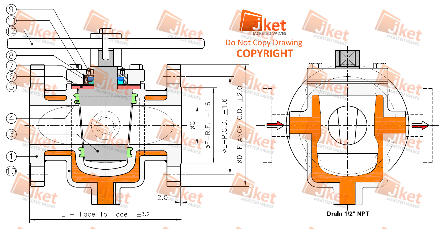 Full jacketed PTFE sleeved plug valve technical drawing