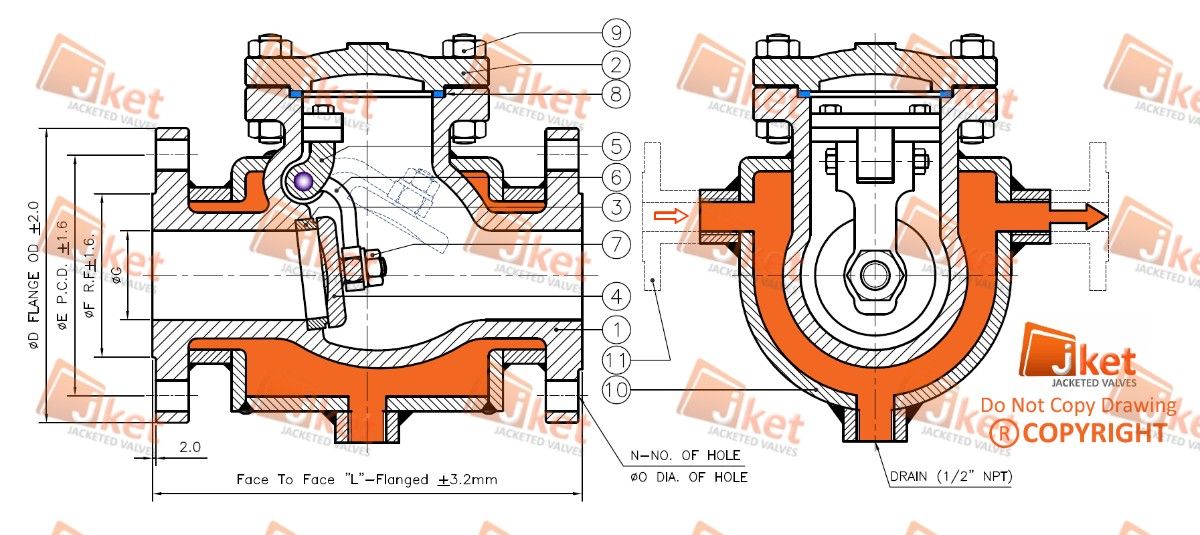 Full jacketed swing check valve drawing
