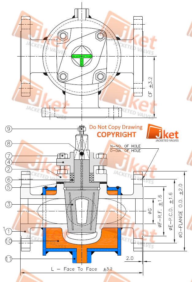 Half jacketed 3 way plug valve lubricating type technical drawing