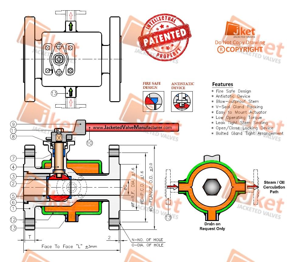 Half jacketed ball valve technical drawing