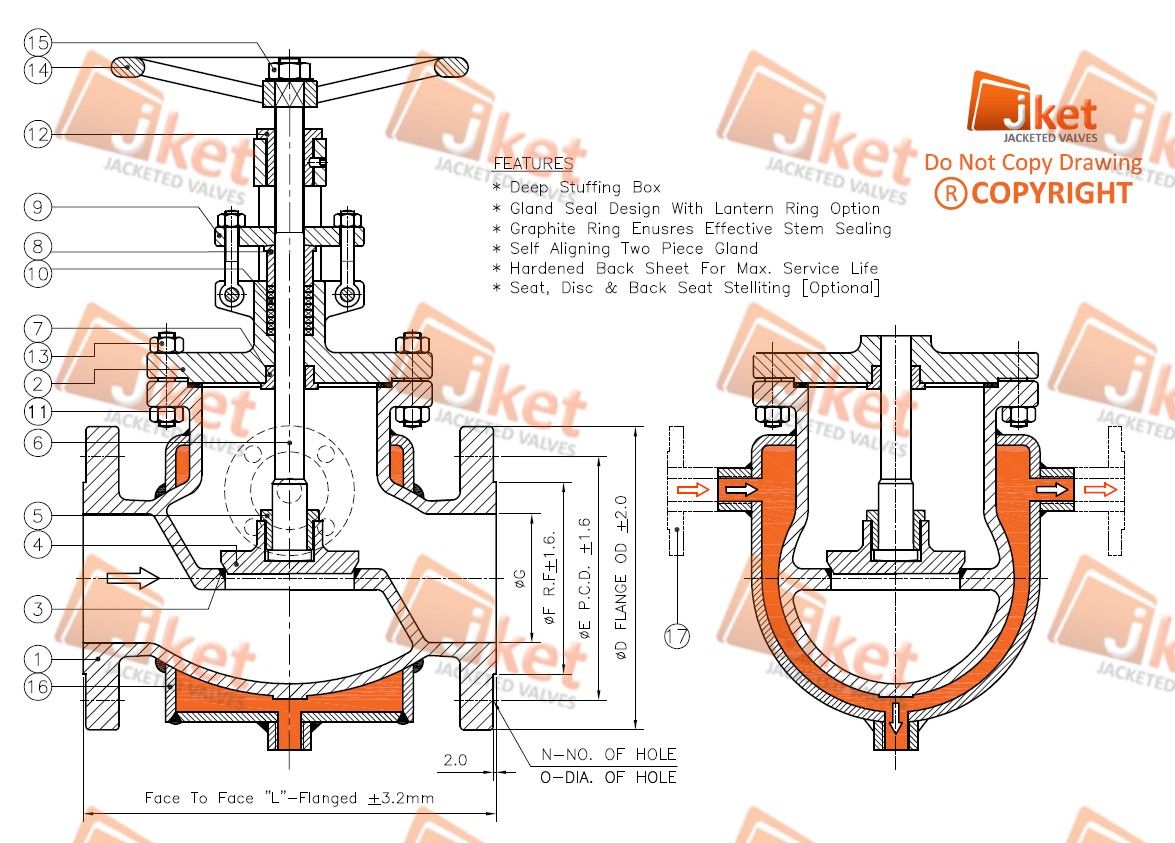 Half jacketed globe valve technical drawing