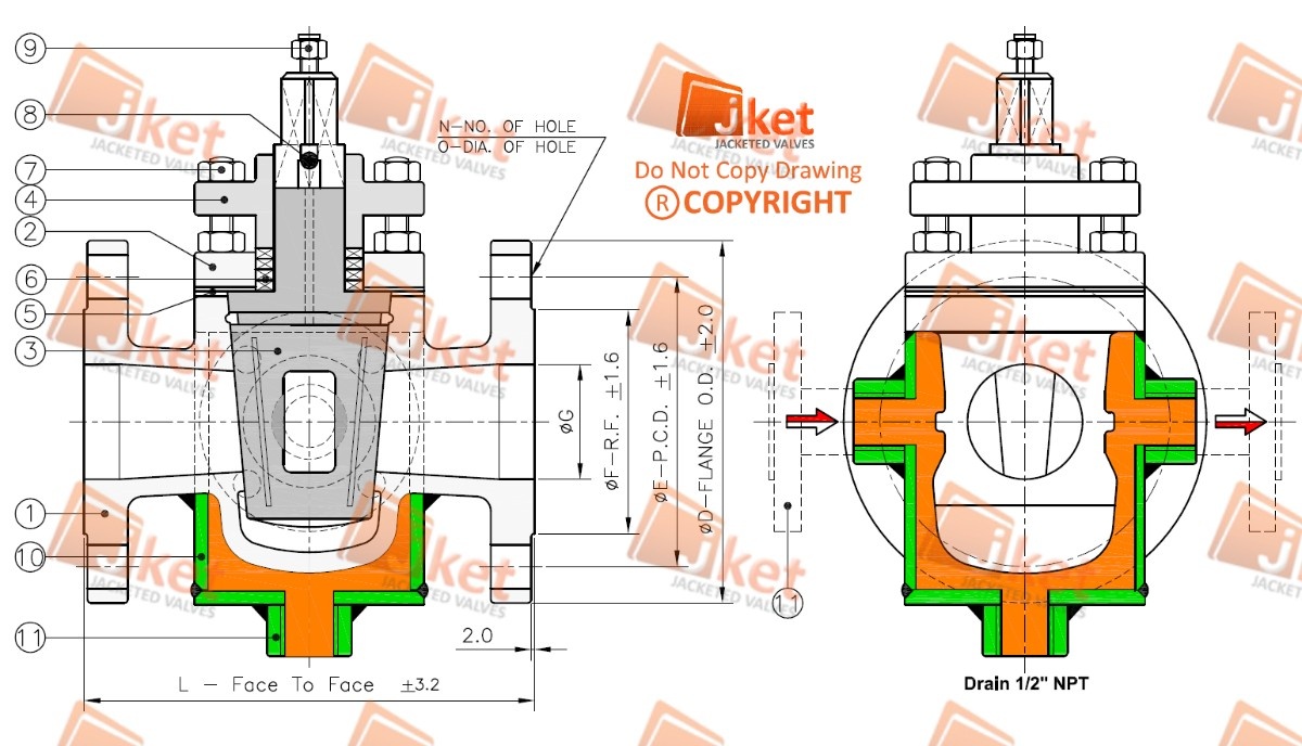 Half jacketed plug valve technical drawing