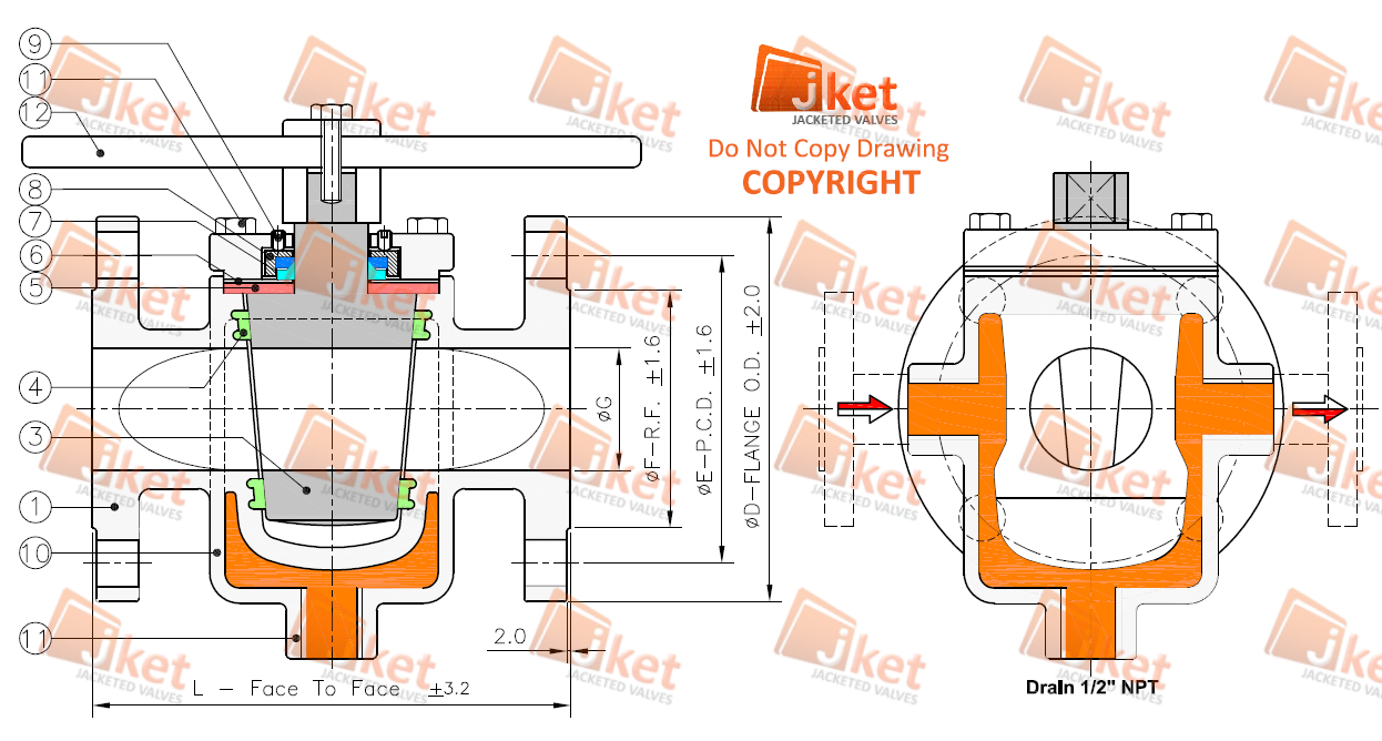 Half jacketed PTFE sleeved plug valve technical drawing