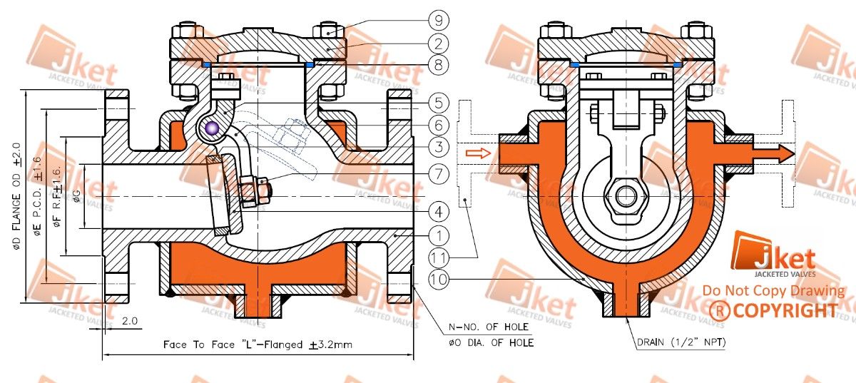 Half jacketed swing check valve drawing